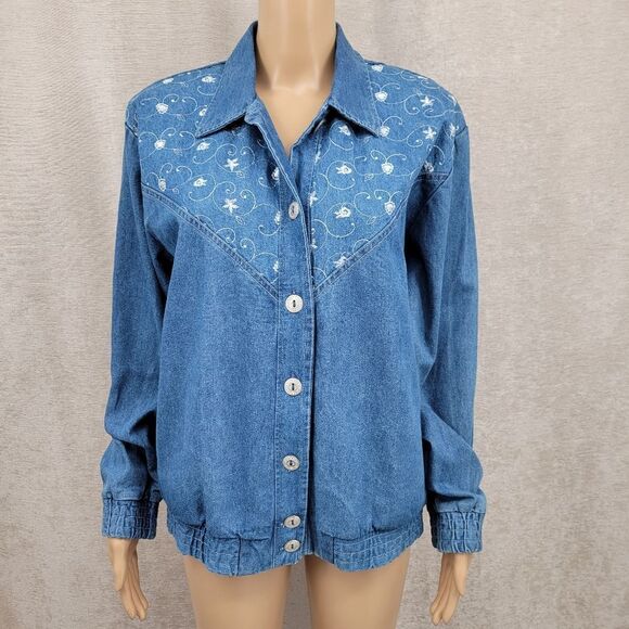 Teddi Vintage Blue Denim Chambray Jean Jacket White Floral Embroidery Western - Picture 14 of 15